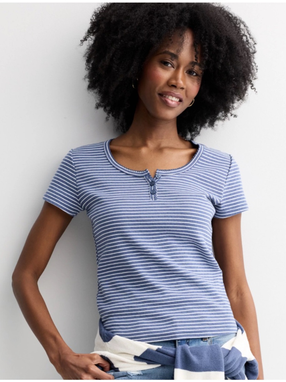 Blue Short Sleeve Henley Pointelle Striped Top